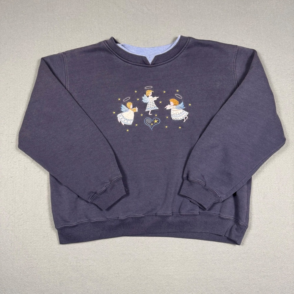 Shenanigans Vintage Angel Embroidered Sweatshirt Women Petite L Navy Blue Boho